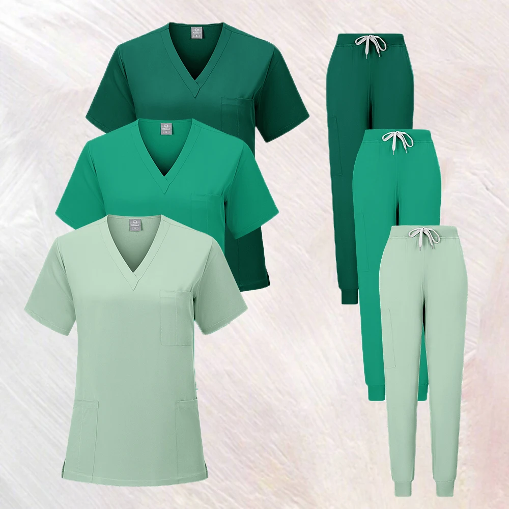 Stretch Scrub Set Medical Uniform Health Service Scrub Tops with Pocket Pants Beauty Salon Workwear Surgery Doctor Nurse Uniform