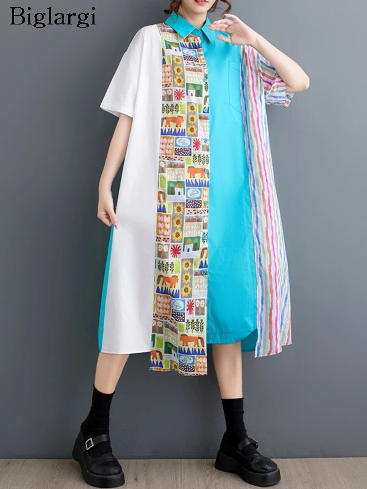 

Oversized Summer Irregular Midi Shirt Dress Women Print Patchwork Fashion Ladies Dresses Ruffle Pleated Loose Casual Woman Dress