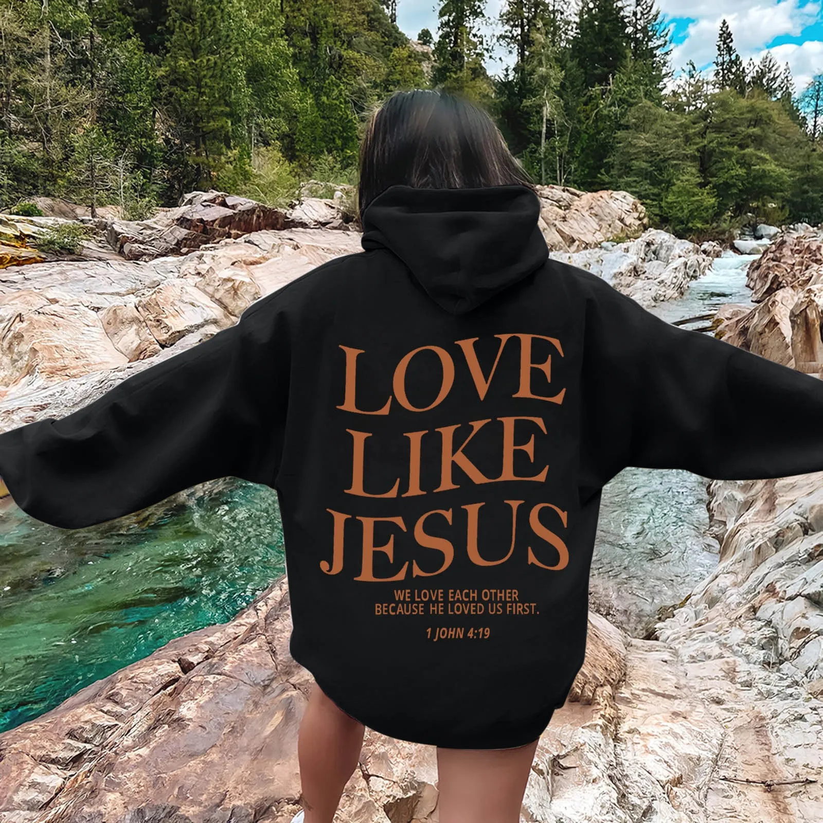 LOVE Like Jesus เสื้อฮู้ดกราฟิกไซส์ใหญ่พิเศษสำหรับผู้หญิง, เสื้อฮิปฮอปวินเทจมีฮู้ดเสื้อสวมหัวเสื้อตัวบนลำลองสวยงาม