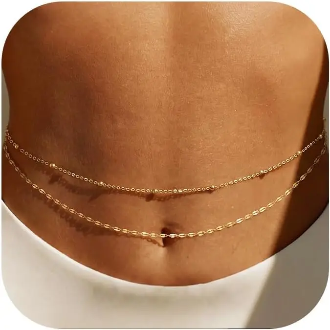 14K Gold Plated Waist Chain Women Layered Waist Beads Belly Body Gold Chain Belt, Waterproof Summer Beach Jewelry for Bikini