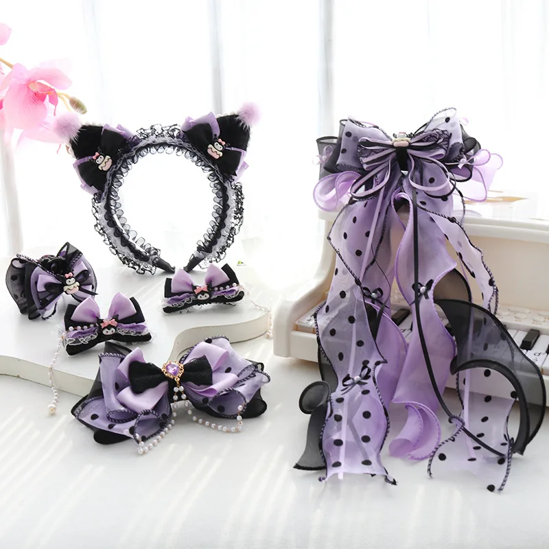 

Anime Kuromi Children's Purple Hair Clip Girl Cute Ribbon Bow Hair Card Girl Princess Headwear Blolita Hair Accessories Gift