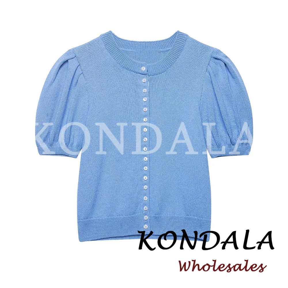 KONDALA Chic Vintage Women Blue Spring Casual Knit Sweater Chic Single Breasted Loose Fashion 2026 Spring Short Sleeve Cardigans