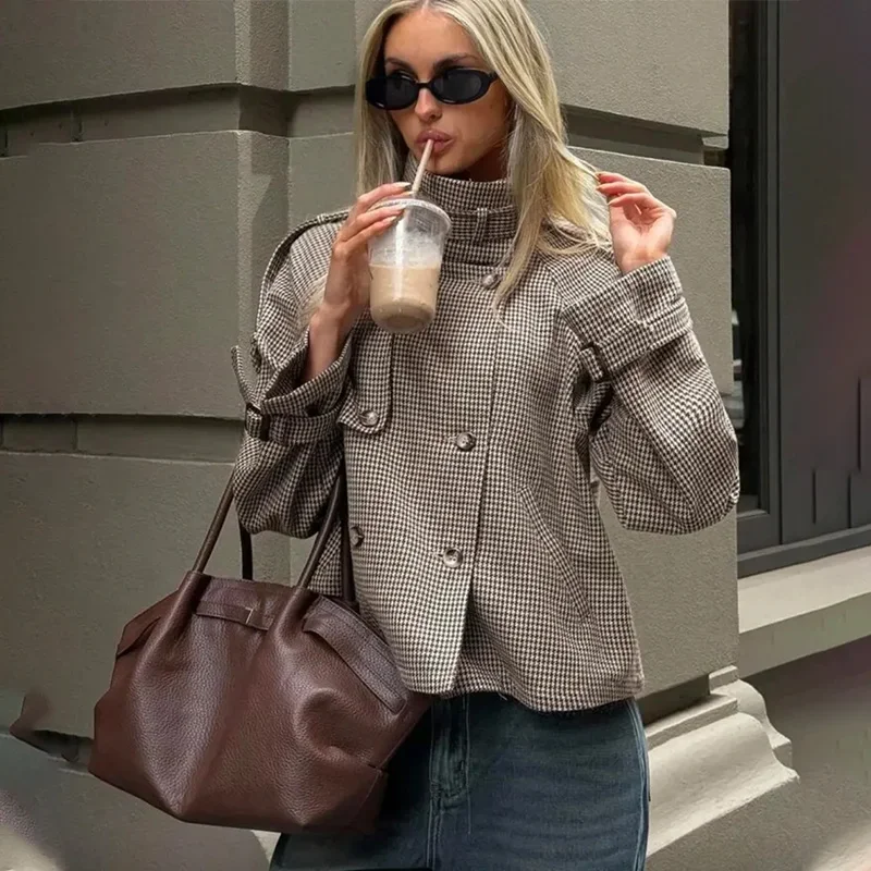 Tornova الشارع الشهير منقوشة طباعة سترة معطف المرأة الوقوف طوق كم طويل جيب الربط موضة الخريف الشتاء معطف الإناث #2