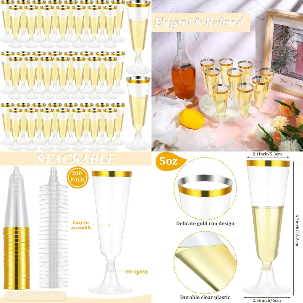 

Одноразовые пластиковые фужеры для шампанского 5 унций - упаковка 200 штук, идеально подходят для свадеб, вечеринок и торжеств (золотистые)