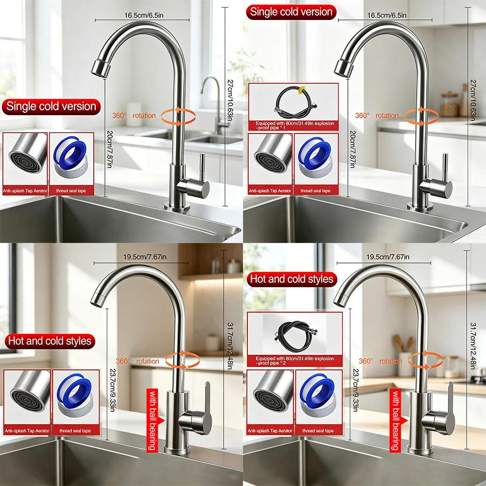 Modern Stainless Steel Hot Cold Kitchen Faucet Thickened Structure Single Cold Tap for Vegetable Bowl Wash Sink Basin