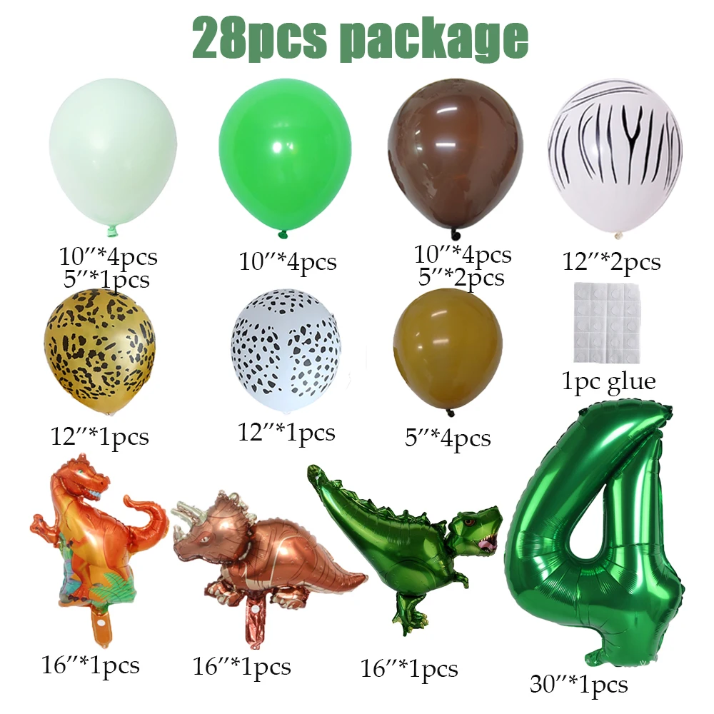 28Pcs Jungle Safari Animal Dinosaur Balloons with 32inch Number Balloon Set for Kids 1 2 3 4 5 6 Years Birthday Forest Party Dec