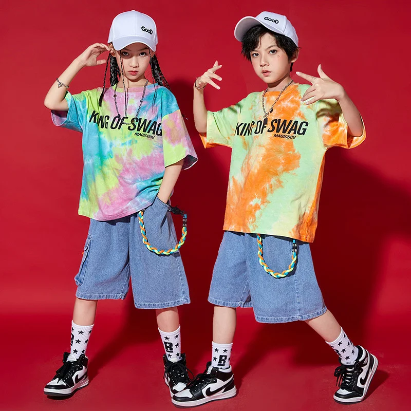 Girls' hip hop hip hop kids' hiphop dance performance clothes loose denim shorts boys' Dance Set