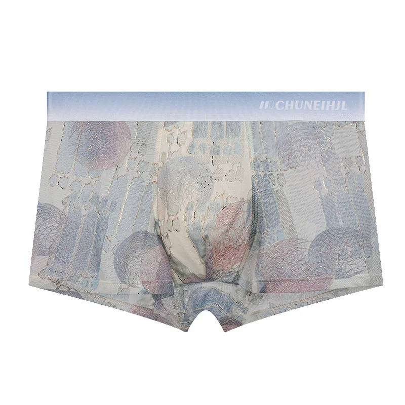Men's Underwear Mesh Ice Silk Fashion Printed  Middle Waist Large Size Breathable Boxers U Convex Pouch Lingerie Underpants