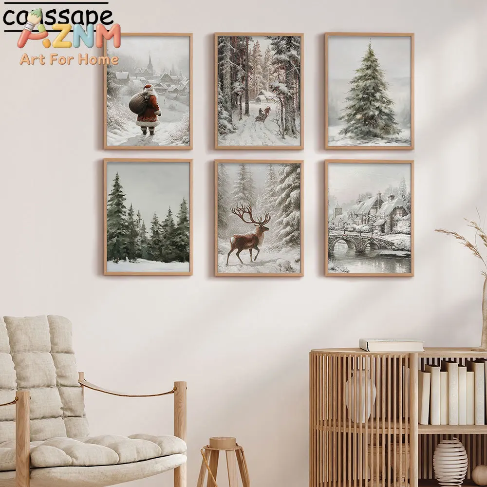 Christmas Snowy Landscape Wall Art Santa Deer Wood Pine Canvas Painting Picture Winter Village Poster BedRoom Decoration