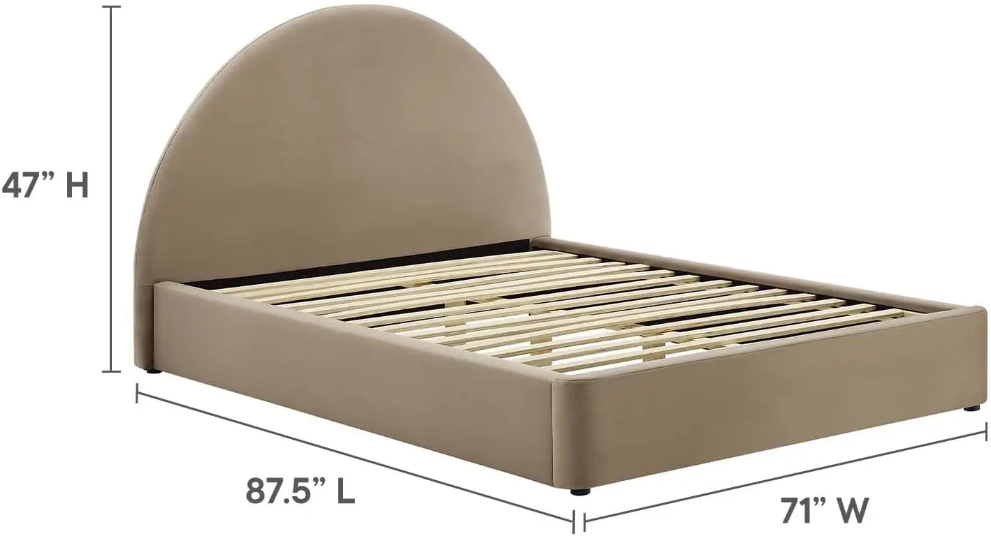 Resort Queen Size Platform Bed with Arch Shaped Round Headboard in Taupe,Soft Cloud Bed Frame, No Box Spring Needed