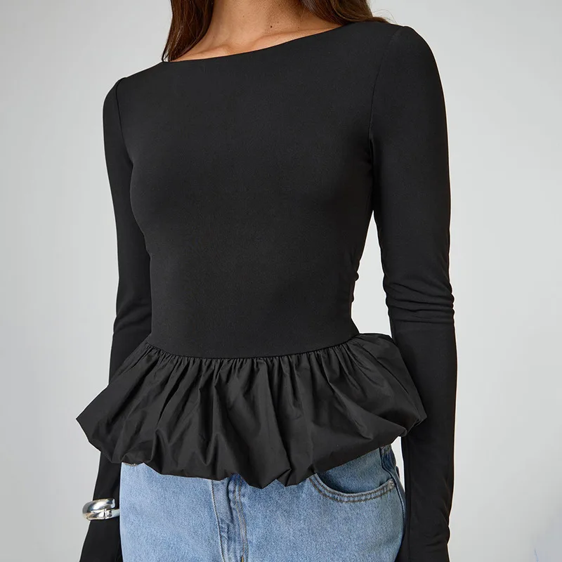 

Европейский и американский женский осенний новый однотонный кружевной сексуальный топ с длинными рукавами и круглым вырезом для женщин