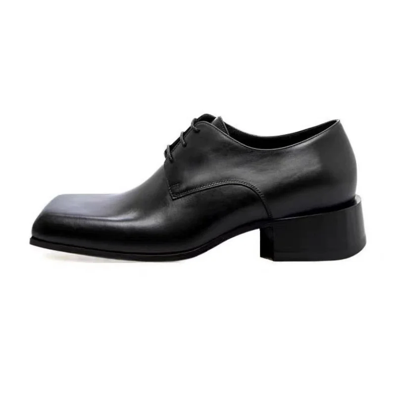 

Square Toe Lace Up Black Leather Shoes Men's Fashion Casual Formal British Style Retro Single Shoes Trendy Ins