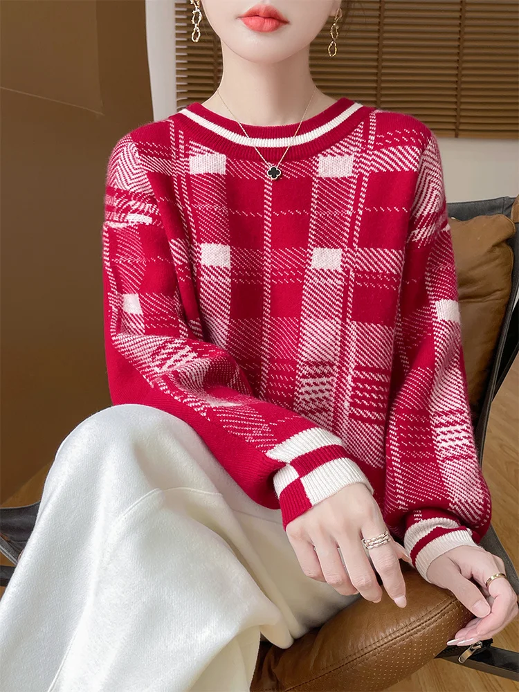 

Женский красный клетчатый пуловер из 100% мериносовой шерсти, пуловер с круглым вырезом, осень-зима, утолщенный, теплый, сохраняющий плоский цветной блок, повседневная одежда