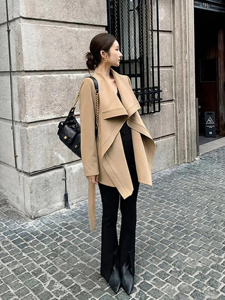 New Spring Autumn Fashion Collared Ruffled Tie Short Trench Coat Women Elegant Windbreaker Coats Women Vintage Length Outerwear