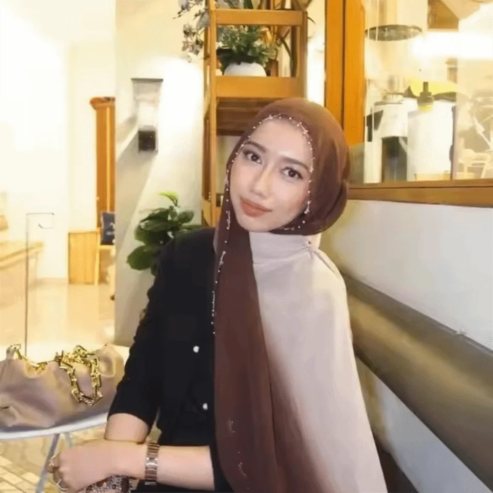 موضة التدرج مزدوجة الألوان العرقية نمط وشاح الخرز سلسلة الذهب حبة الإسلامية عمامة رقيقة باندانا يلتف شال الإناث #4