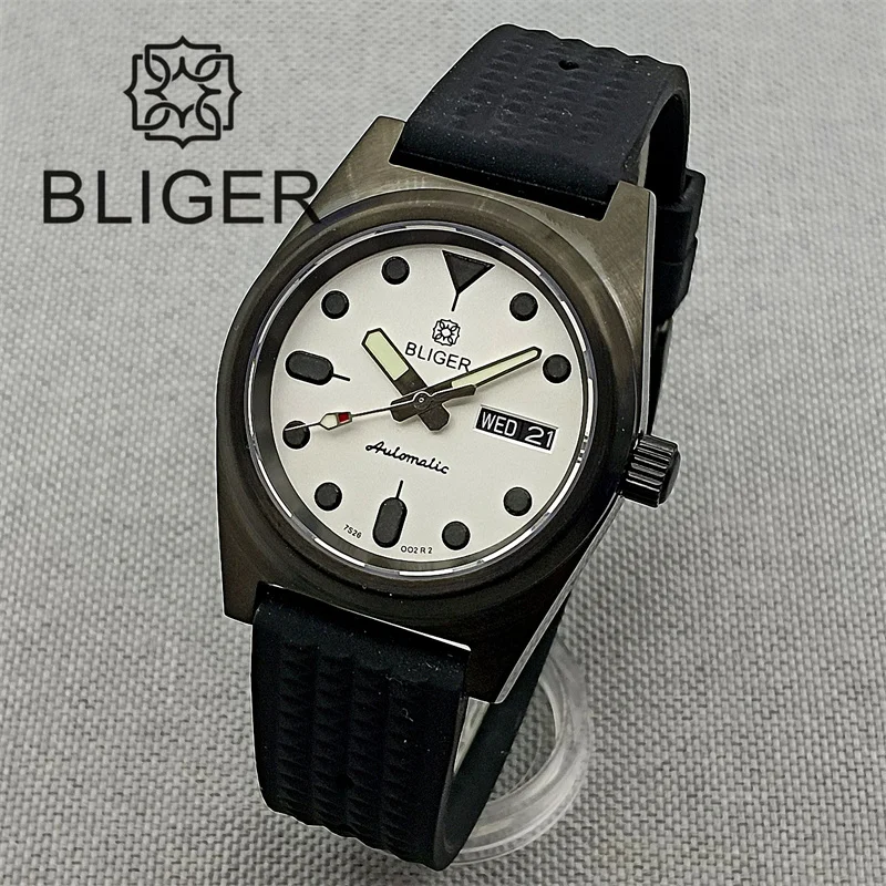 BLIGER 38mm Mechanical Mens Diver Watch Sapphire Glass Japan NH36A Autoamtic 100M Black White Dial Luminous Waffle Rubber Strap