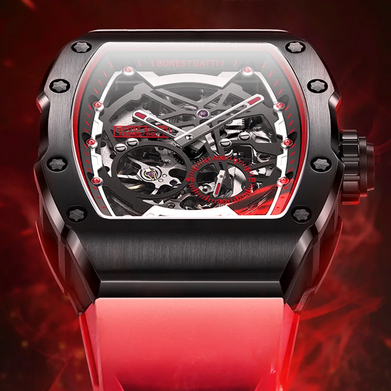 BONEST GATTI Men's Automatic Mechanical Watch German Craftsmanship Skeleton Tonneau Design with Luminous Function Luxury Mechani
