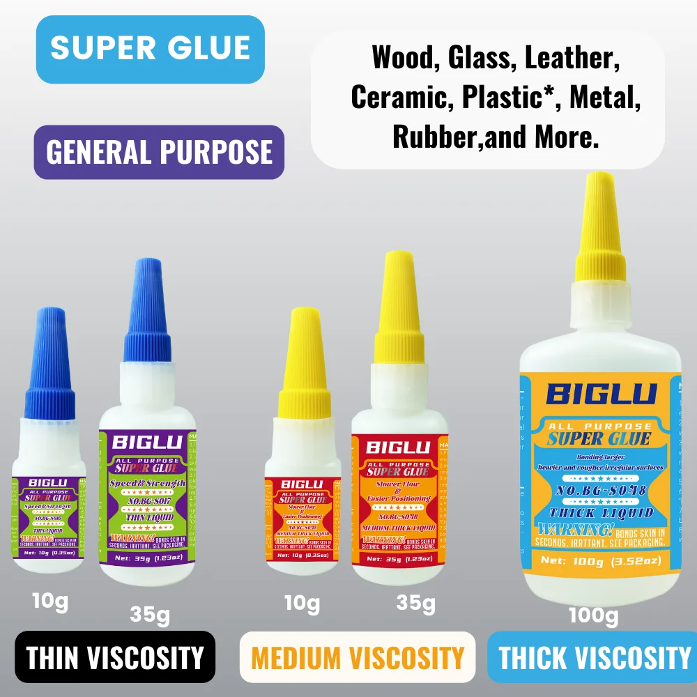 General Purpose Thin Medium Thick Liquid Super Glue Premium CA Adhesive Quick-Bonding for PVC Wood Metal Plastic and More