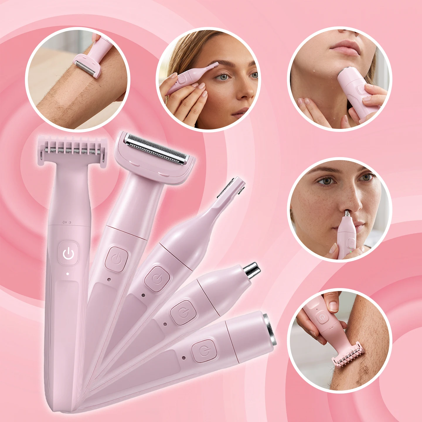 AUTHONE 5 In 1 Women Electric Trimmer Type-C Rechargeable Multifunctional Body Facial Nose Eyebrow Hair Shaver