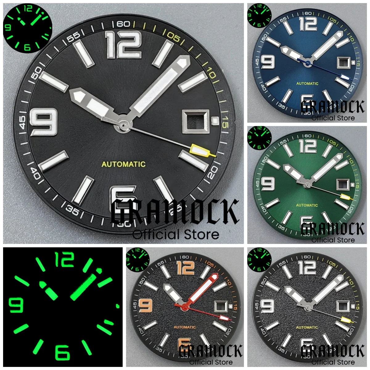 Gramock 31.5mm Black Blue Green Sterile Watch Dial With Hands Set C3 Luminous Fit ETA2824 PT5000 Miyota8215 DG2813 3804 Movement