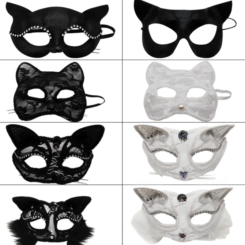 Masque de chat en dentelle enracinée, masque de Rhde soirée, masque de cosplay anime, demi-visage animal, fête d'Halloween, masade Tim