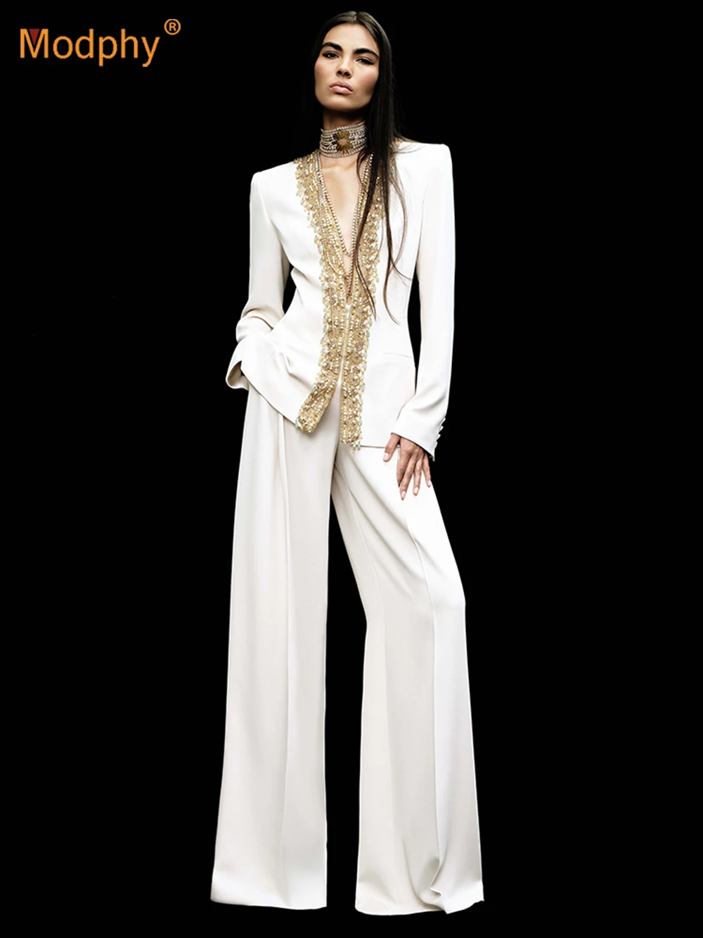 

Modphy белый формальный роскошный женский костюм с бисером, пиджак на молнии + широкие брюки, комплект из двух предметов, женская уличная однотонная элегантная одежда