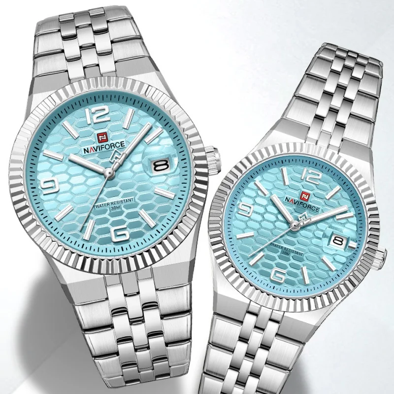 naviforce-カップル腕時計男性女性高級ステンレス鋼クォーツ腕時計発光日付-3atm-防水恋人時計セット