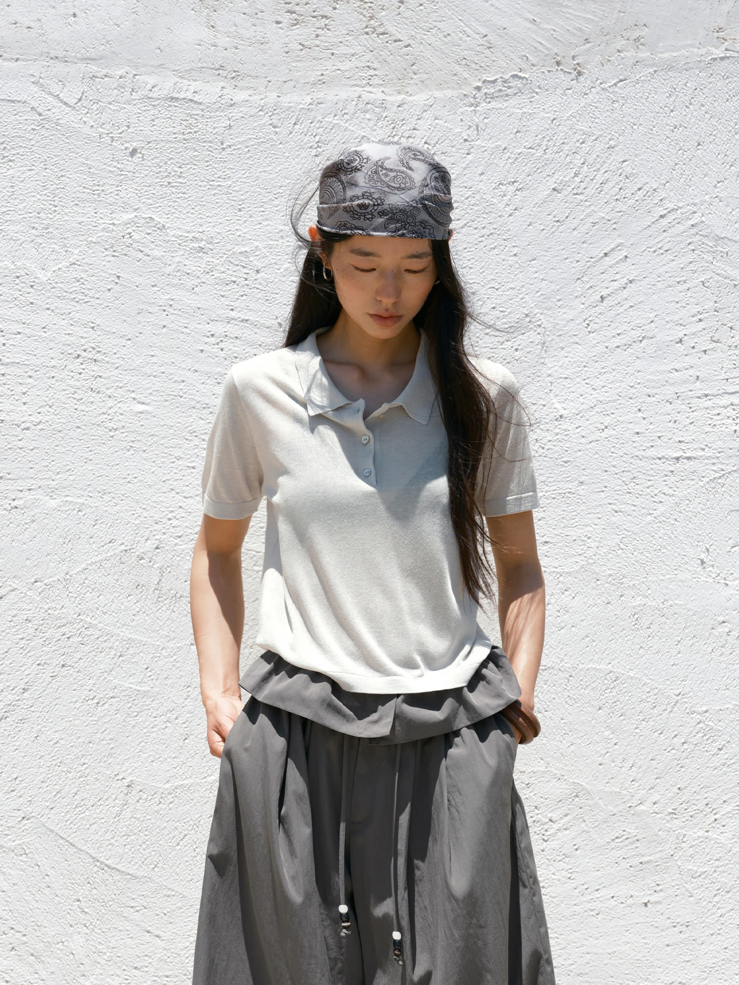 

HaveRice Restaurant Thin Diary Micro Transparency Linen Mixture Grey Shirt Women's Simple Casual Style Ultra Thin Short ...