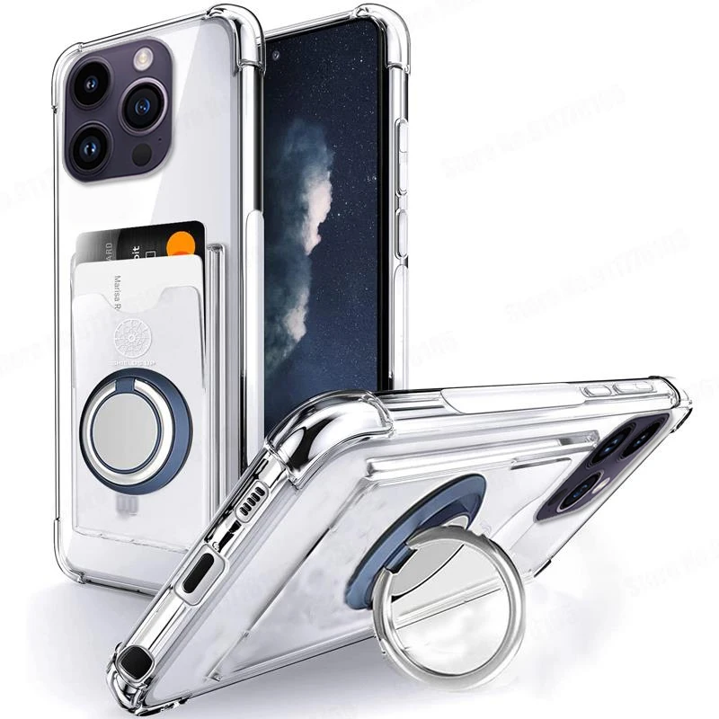 Soft Transparent Card Slot Case For IPhone 15 Pro Max Magnetic Ring Stand For iphone 15 14 13 12 11 Plus PRO MAX XS XR Cover