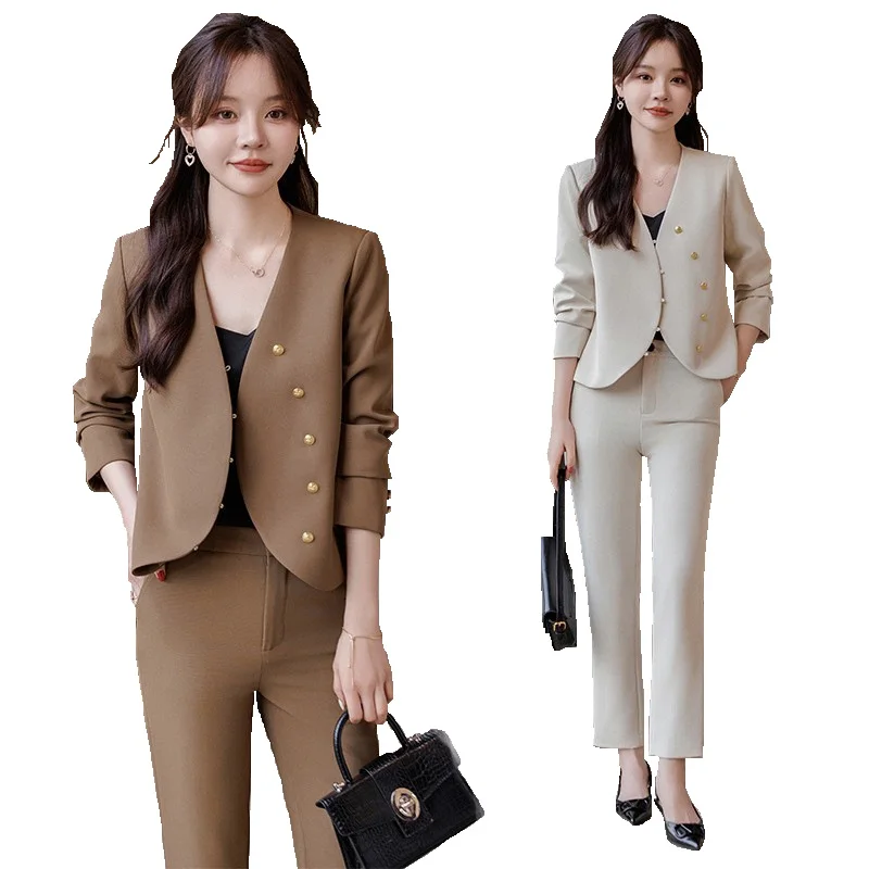 Fashion Women Pant Suit Spring Coffee Beige Black Office Ladies V-Neck Slim Jacket Blazer And Trouser Female Formal 2 Piece Set