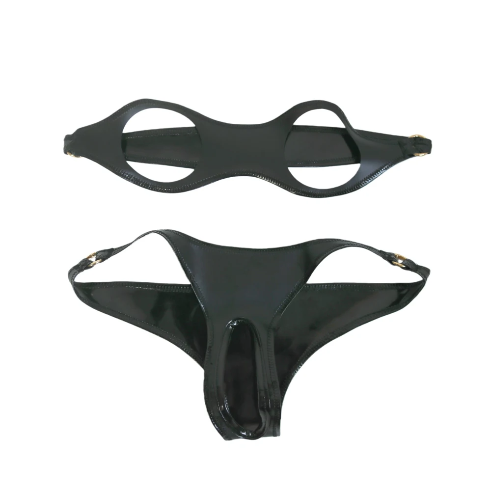 

Women's Double Sided Sexy Set Hollow Out BIKINI Set PU Faux Latex Elastic Bra PVC Glossy Shiny Sexy Tights Maid Stage Wear