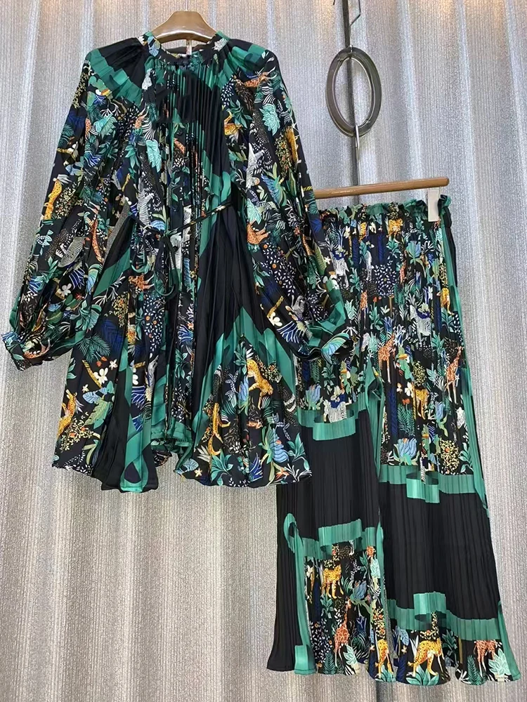 

A retro geometric print drape loose shirt two-piece set + loose wide-leg pants fashion set for autumn 2025 women's wear