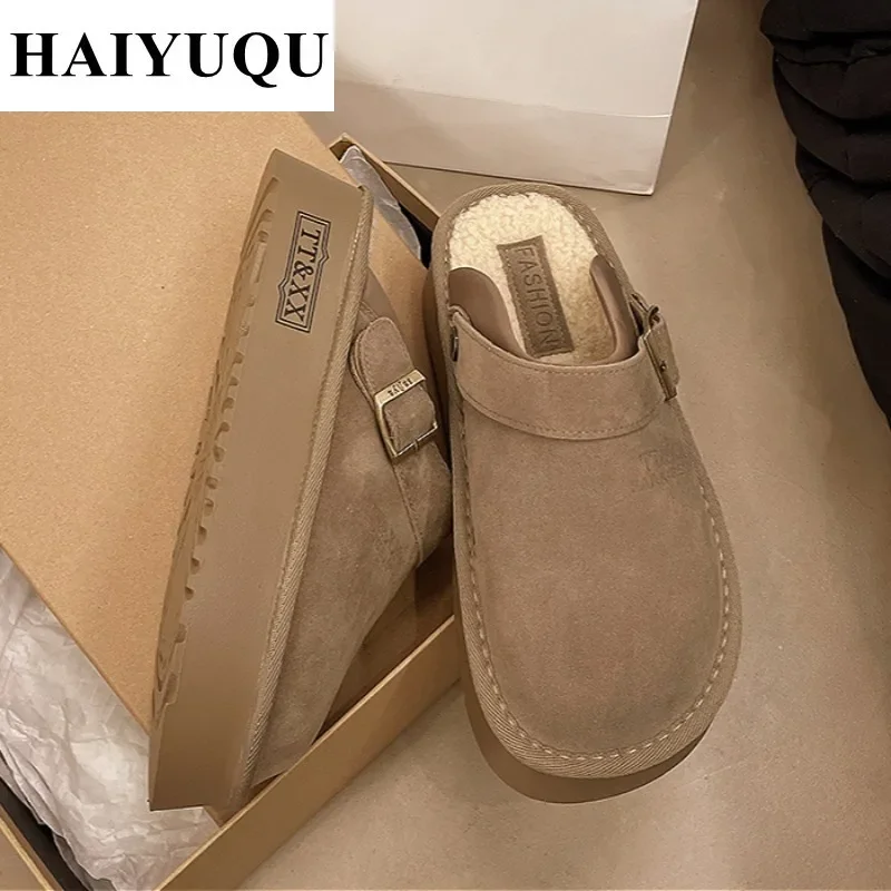 Platform Suede Women Cotton Slippers Brand Flats Mules Shoes Warm Plush Flip Flops Winter 2025 Trend Cozy Casual Mujer Zapatos