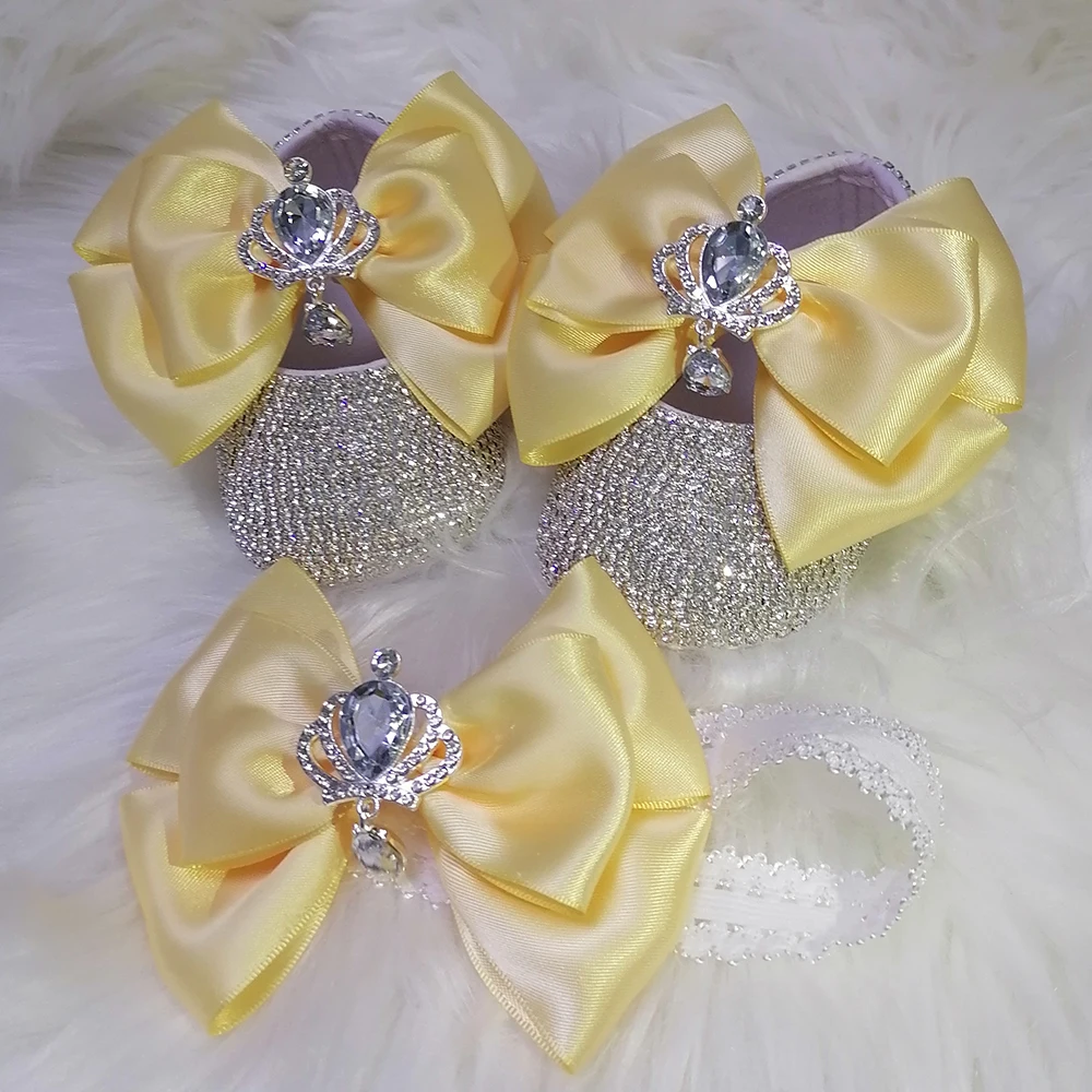 

Handmade Bow Rhinestones Baby Girl Kids Shoes Hairband First Walker Sparkle Bling Crystals Princess Shower Gift