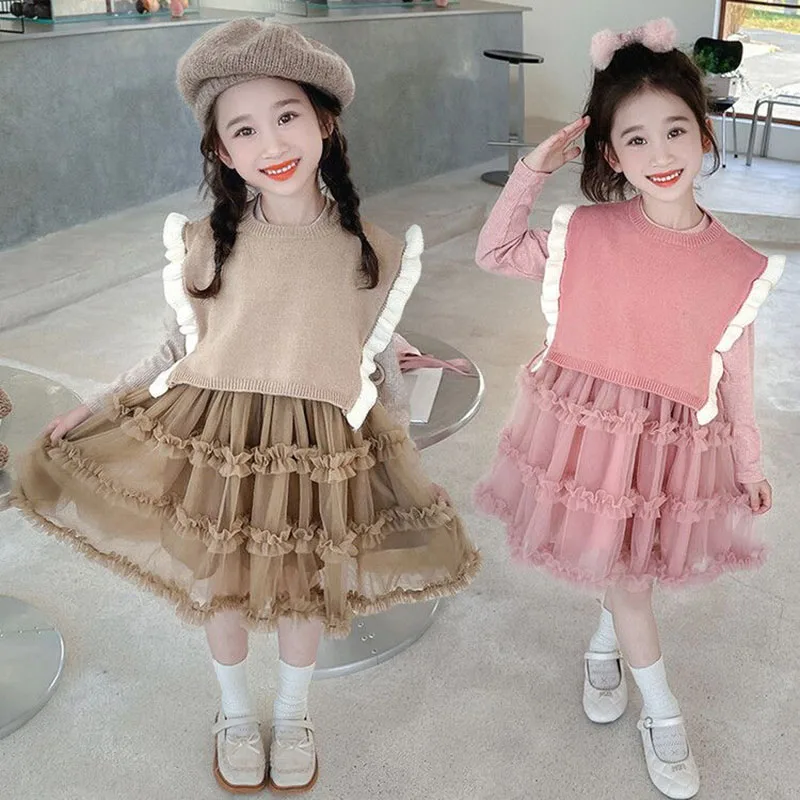 Autumn Girls Clothes Sets Sweater Vest Tops Long Sleeve Dress Sets Children Suits Kids Girls Princess Tulle Dresses Spring Suits