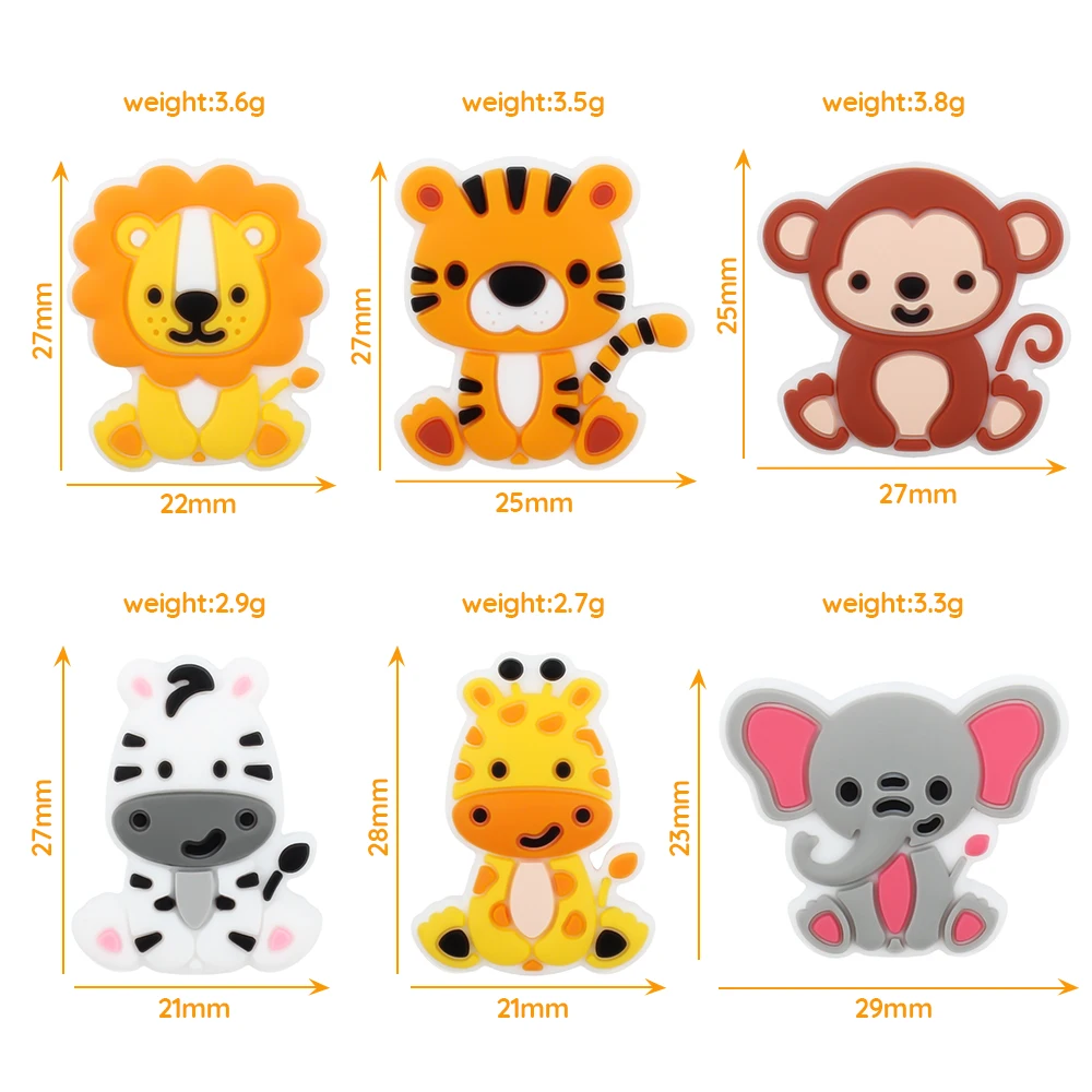 

10PCS Silicone Focal Beads Lion Tiger Monkey Giraffe Spacer Bead DIY Baby Teething Toy Pacifier Chain Pen Jewelery Accessories