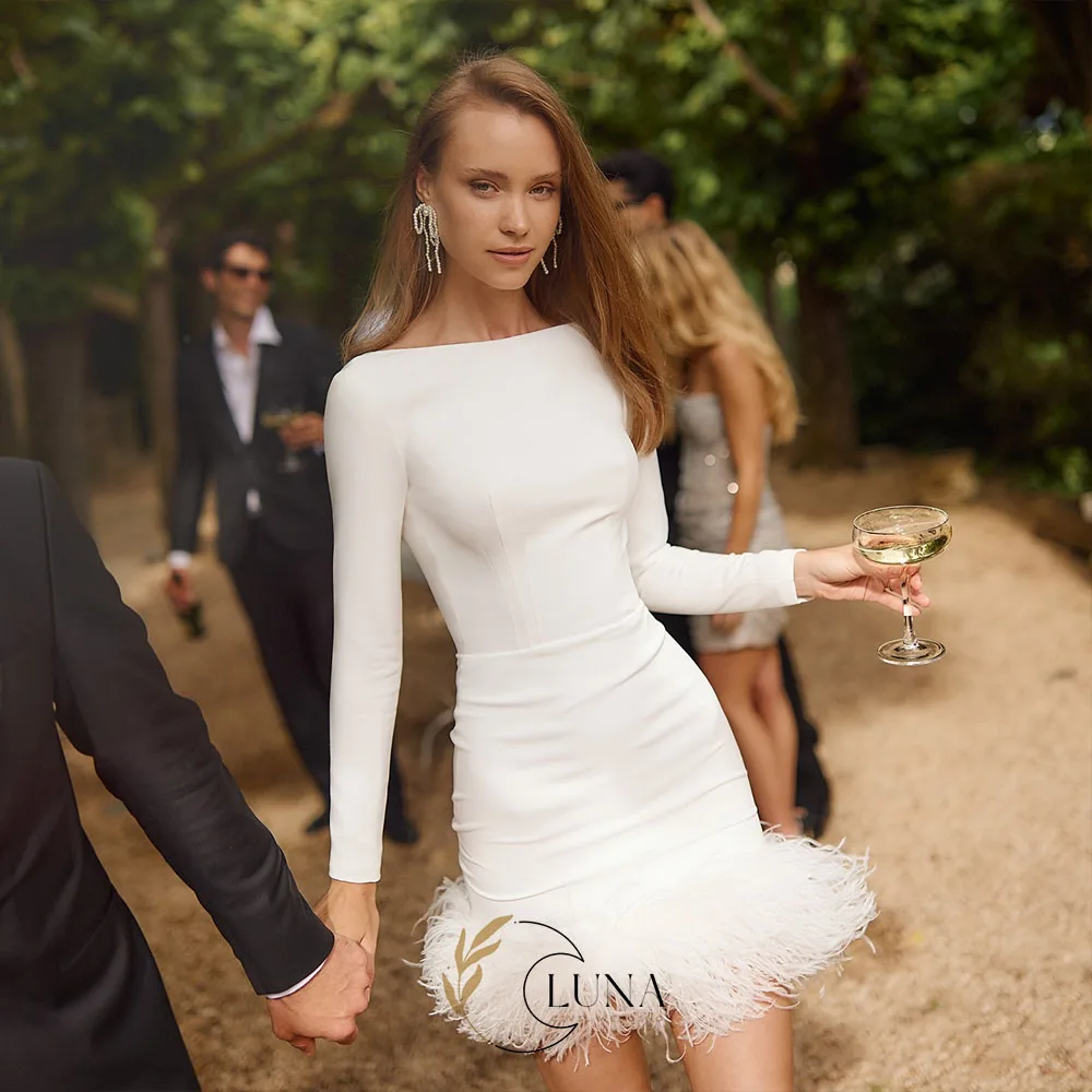 Luna Mini-Length Sheath Long Sleeves Wedding Party Dresses with Feather Customized Boat Neck Engagement Gown Prom Dresses