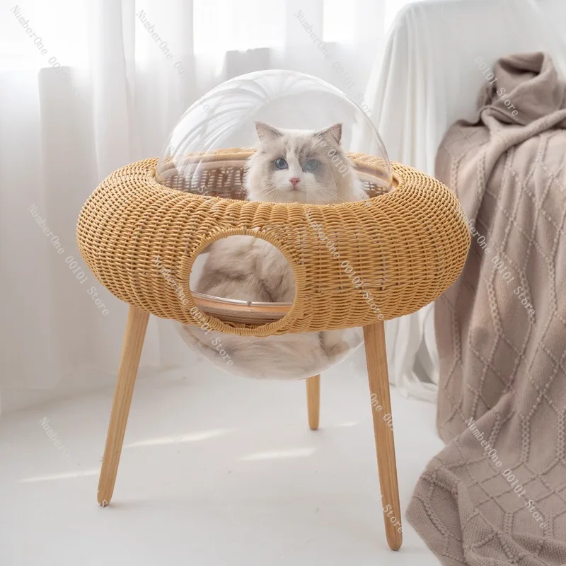Handwoven Rattan Cat Hanging Basket Transparent Space Capsule Window Hammock Cat Bed All Season Pet Lounge