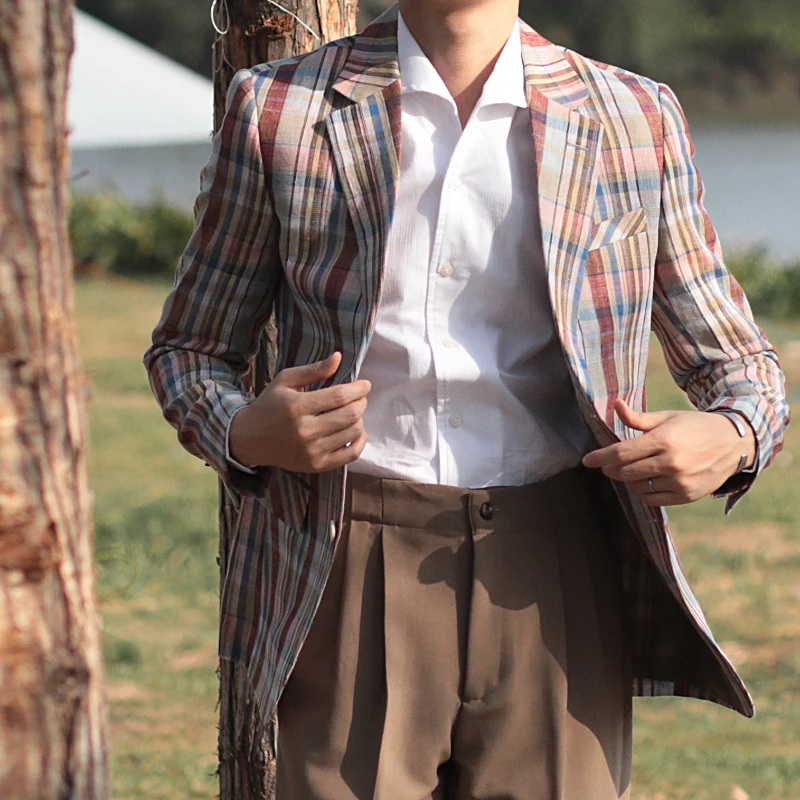 

Two-Tone British Preppy Slim Fit Linen Suit Jacket Spring Summer Plaid Stripe Lightweight Vacation Style Special Features