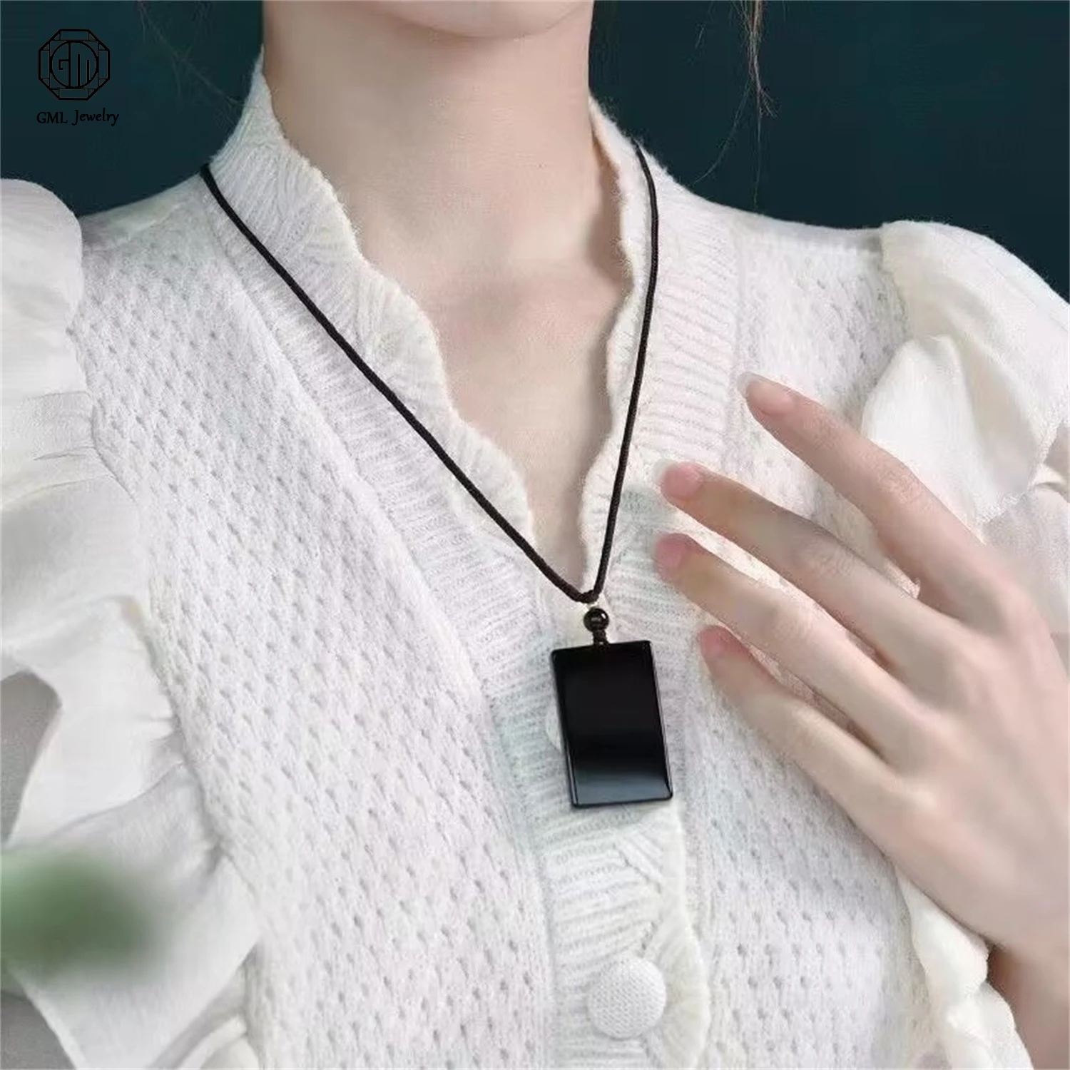 

Natural Gold Sheen Black Obsidian Pendant Black Crystal Plain Smooth Plaque Unisex Couple Men Women Minimalist Chain Necklace