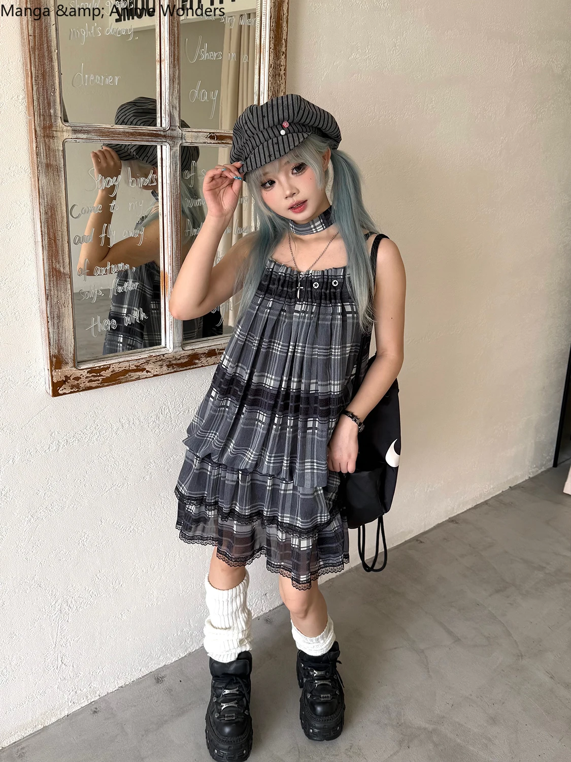 

Аниме панк светлый клетчатый принт бутон свободное платье-комбинация сарафан летняя милая милая юбка косплей фанаты подарок на день рождения Хэллоуин