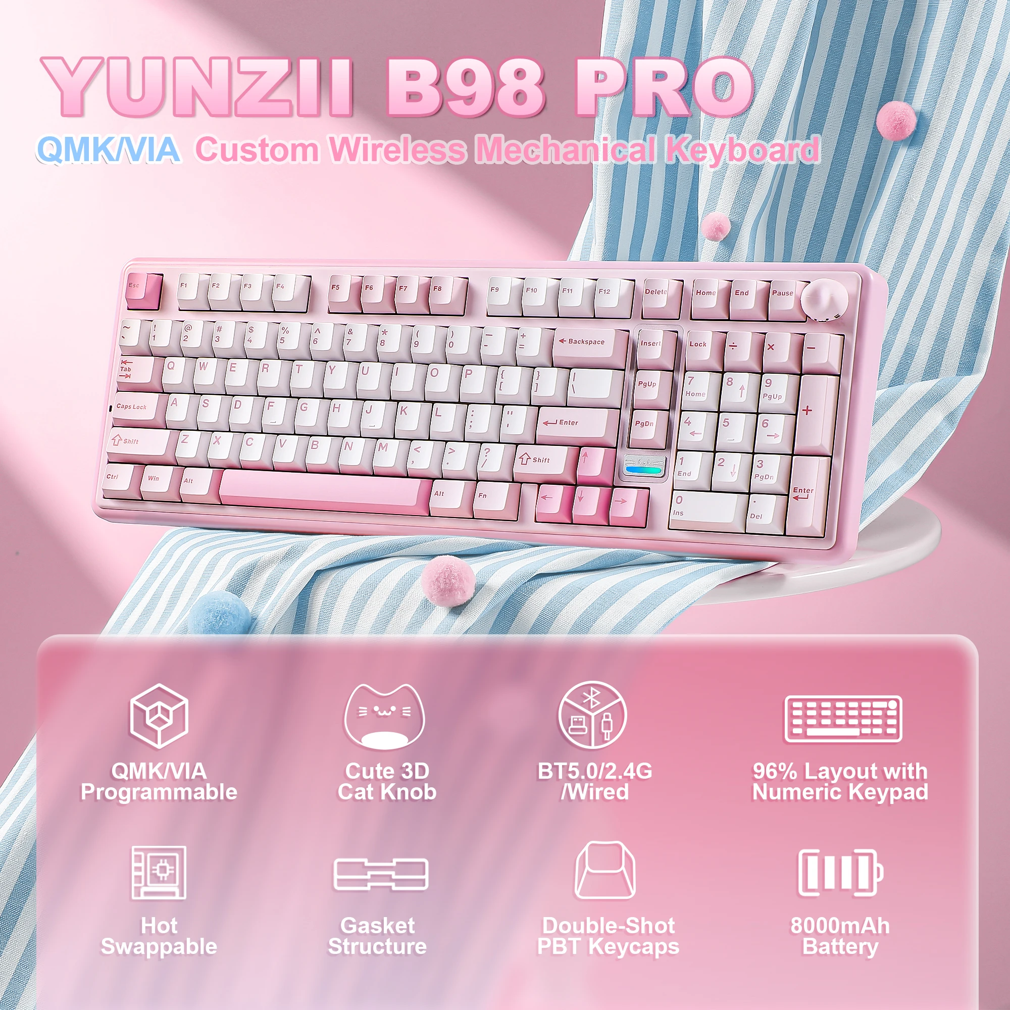 YUNZII B98 PRO QMK/VIA 무선 기계식 키보드, 96% 레이아웃 커스텀 게이밍 키보드, Win/Mac용 핫스왑 가스켓 RGB 키보드