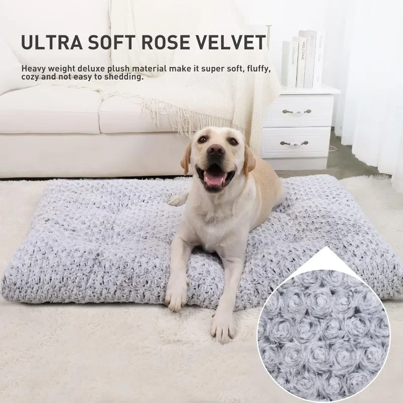 Washable Dog Bed Deluxe Rose Plush Soft Dog Crate Fulffy Comfy Beds Bite Resistant Non-Slip Pets Sleeping Mat for Large Dog