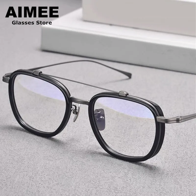 

Japanese Design Pure Titanium Square Glasses Frame Men Double Beam Optical Eyeglasses Women Myopia Blue Light Eyewear Spectales