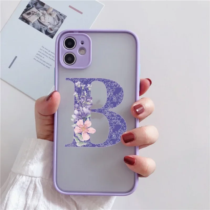 Retro Purple Flower Letter Clear Phone Case For iPhone 17 16 15 14 Pro Max Plus Shockproof Hard Transparent Back Cover Fundas