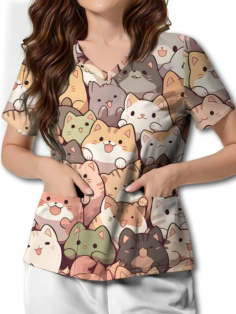 Uniforms Women Medical Fashion Floral Print V-Neck Obstetrics Nursing Tops Short Sleeves with Pockets Clinical Uniforms Woman