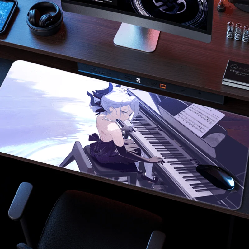 

XXL Piano Music Anime Girl Mouse Pad, Silvery Purple HD Print, Non-slip Rubber Extended Desk Pad for Gaming Office