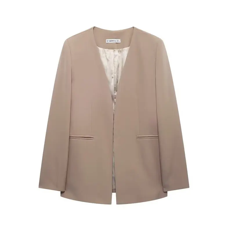 2024 Autumn New Sle Women's Casual Pure Color No Collar Commuter Suit Versatile Design Slimming Effect Long Sve Regular ...