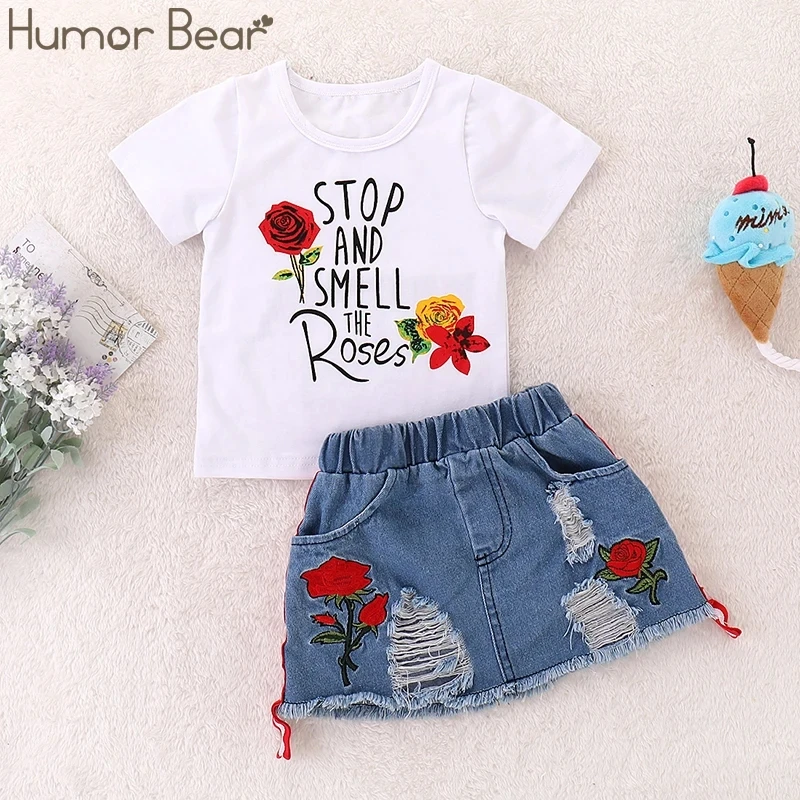 Humor Bear Girls Suit Summer Children\'s Clothes Suit Embroidery Letter Print Short sleeve+skirt Set Toddler Christmas Outfits