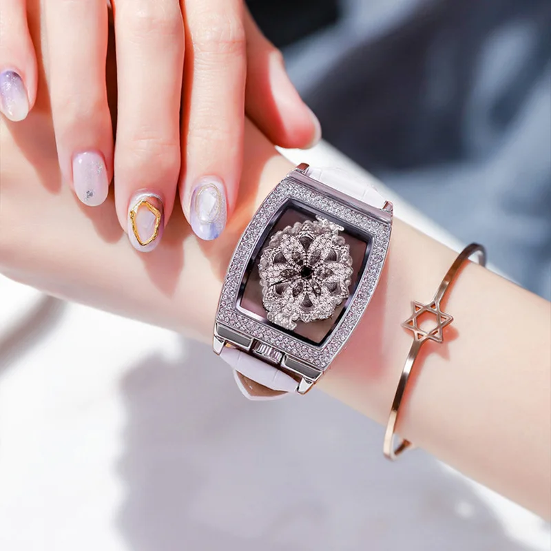 New Fashion Woman Tonneau Flowers Rotatable Leather Watch Women Rhinestone Transparent Quartz Watch Ladies Wrist Watch For Gifts